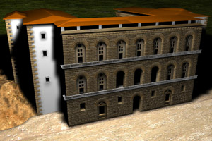 Restituzione tridimensionale con la veduta prospettica del complesso del Palazzo Pitti ammannatiano rivolto verso la piazza (modellazione al computer Adriano Marinazzo)
