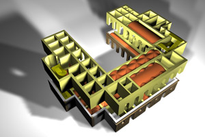 Restituzione tridimensionale schematica degli ambienti dei primi due piani di Palazzo Pitti a seguito degli ampliamenti ammannatiani (modellazione al computer Adriano Marinazzo)